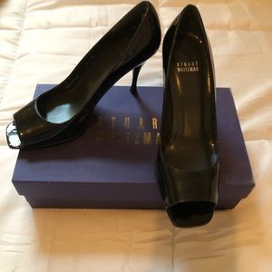 Stuart Weitzman Opened Toe Black Patent Pumps 7.5